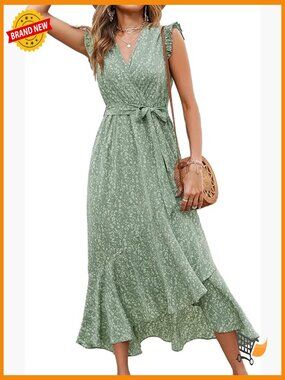 Boho Maxi Dress Floral Wrap V Neck Ruffle Cap Sleeve High Low Hem
